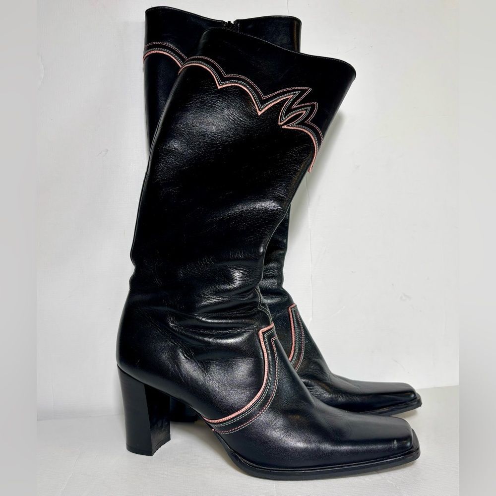 Alfredo Bannister Cowgirl Boots Western Black pink size 8.5 knee high leather - Picture 2 of 6